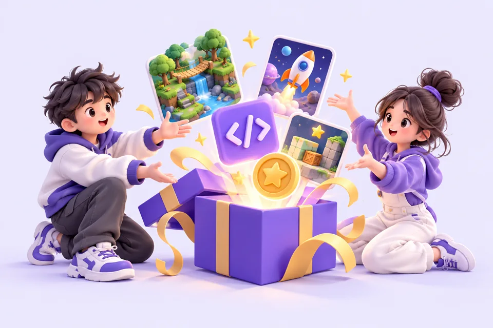 两位创作者打开装有游戏场景、代码和积分的分享礼盒