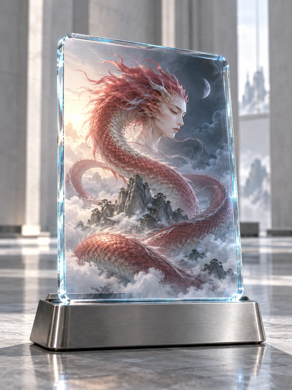 烛九阴/烛龙的AI视觉演绎,透明玻璃图鉴卡展示